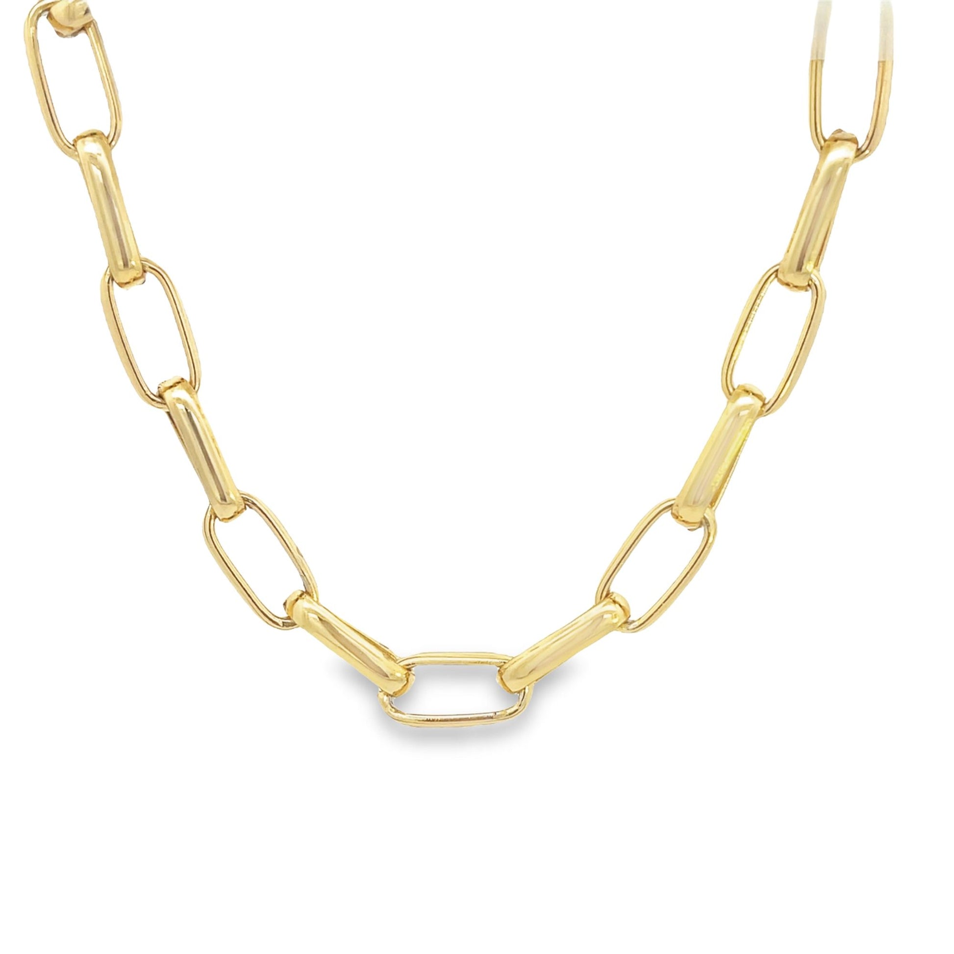 A polished yellow gold paperclip chain necklace displays interlocking oblong and bar links against a clean white background.
