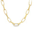 A polished yellow gold paperclip chain necklace displays interlocking oblong and bar links against a clean white background.