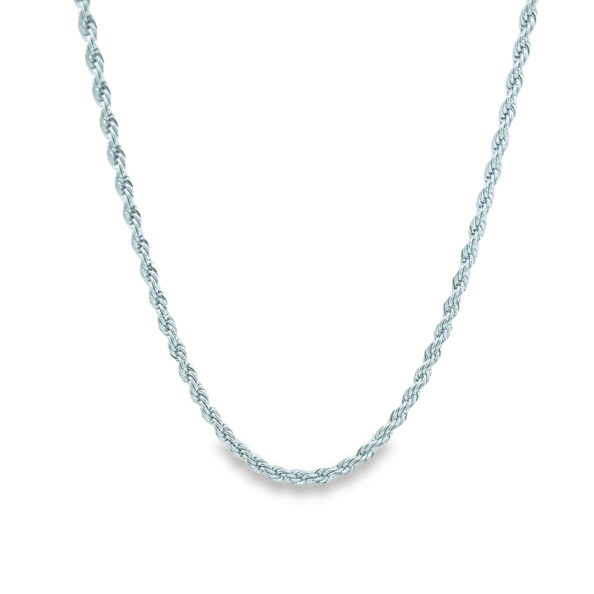 A polished sterling silver rope chain necklace drapes against a clean white background.