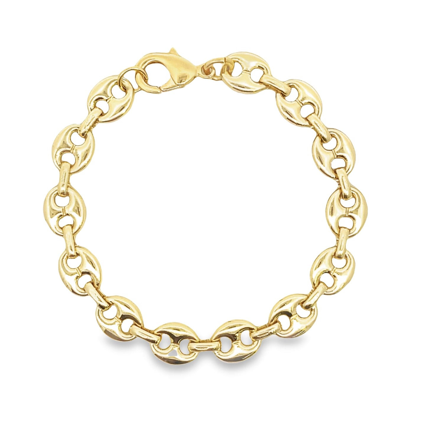 A polished yellow gold mariner link bracelet curves neatly against a clean white background.