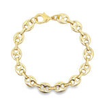 A polished yellow gold mariner link bracelet curves neatly against a clean white background.