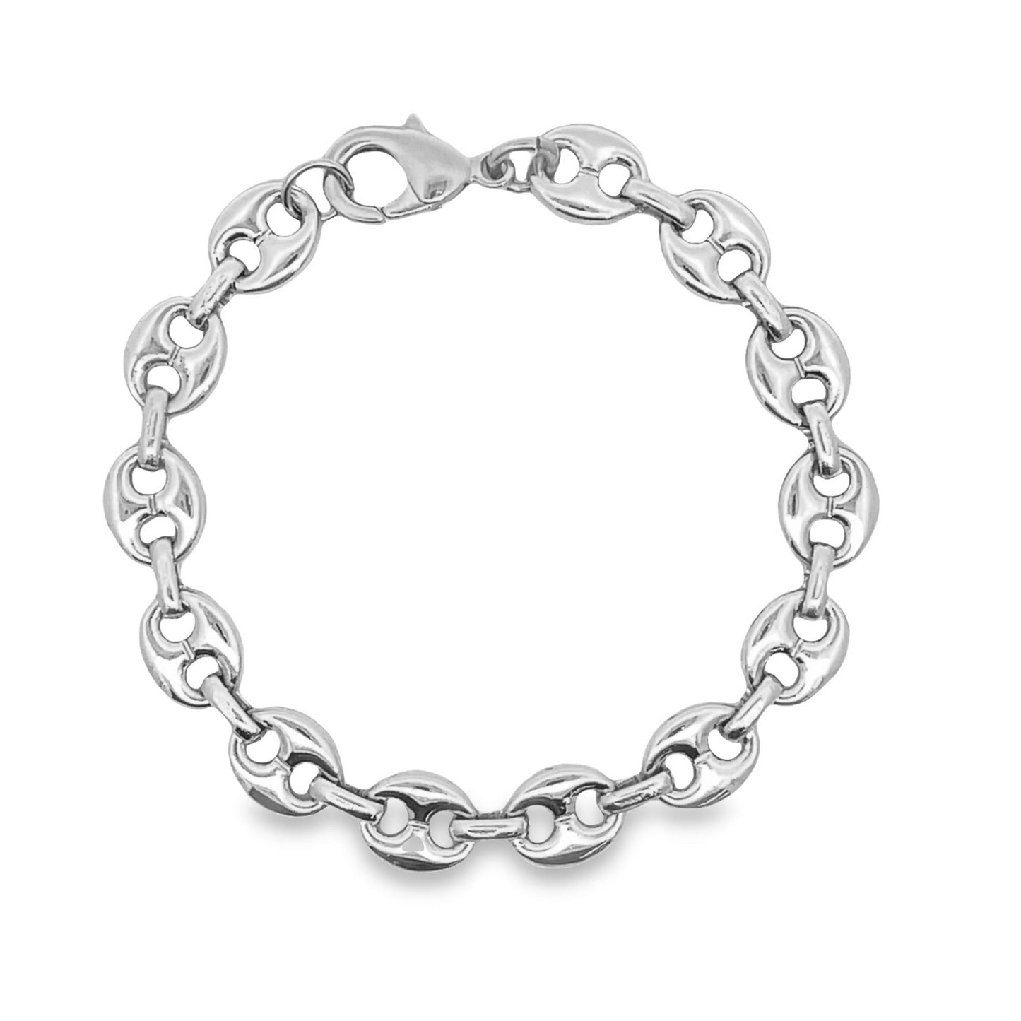 A sleek silver puffed marine chain bracelet gleams against a clean white background.
