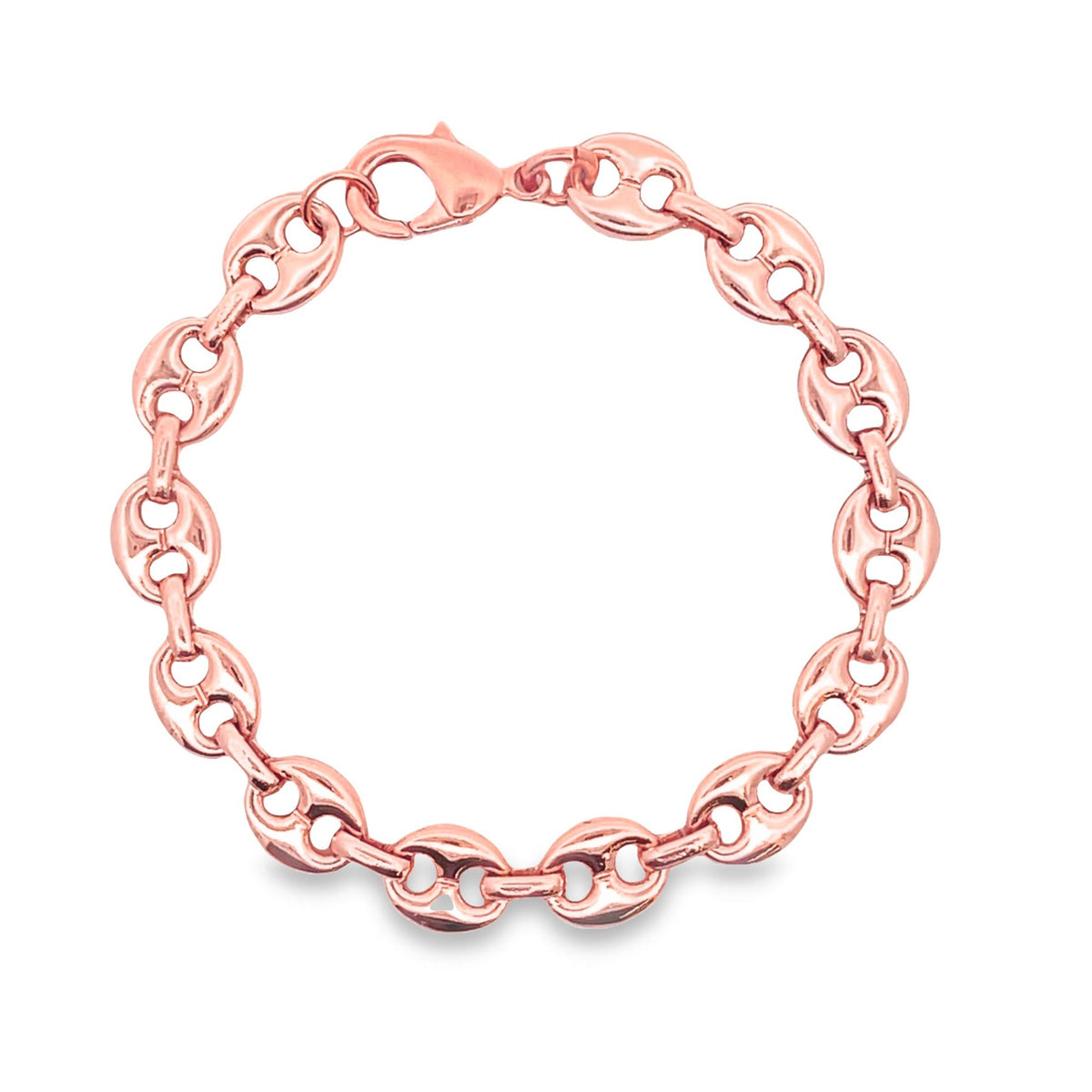 A rose gold mariner link bracelet curves gracefully against a plain white background.