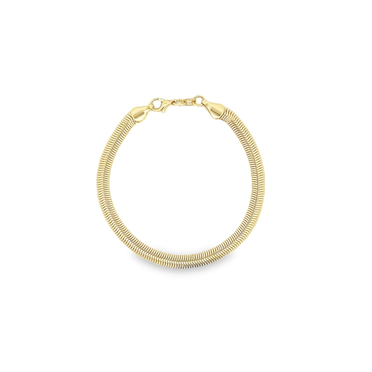 A sleek gold herringbone chain bracelet displays a smooth, flat texture against a clean white background.