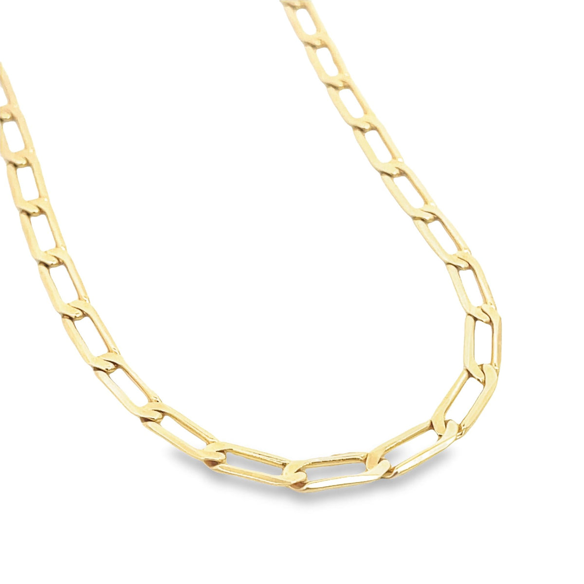 A gleaming gold paperclip chain necklace rests elegantly against a clean white background.