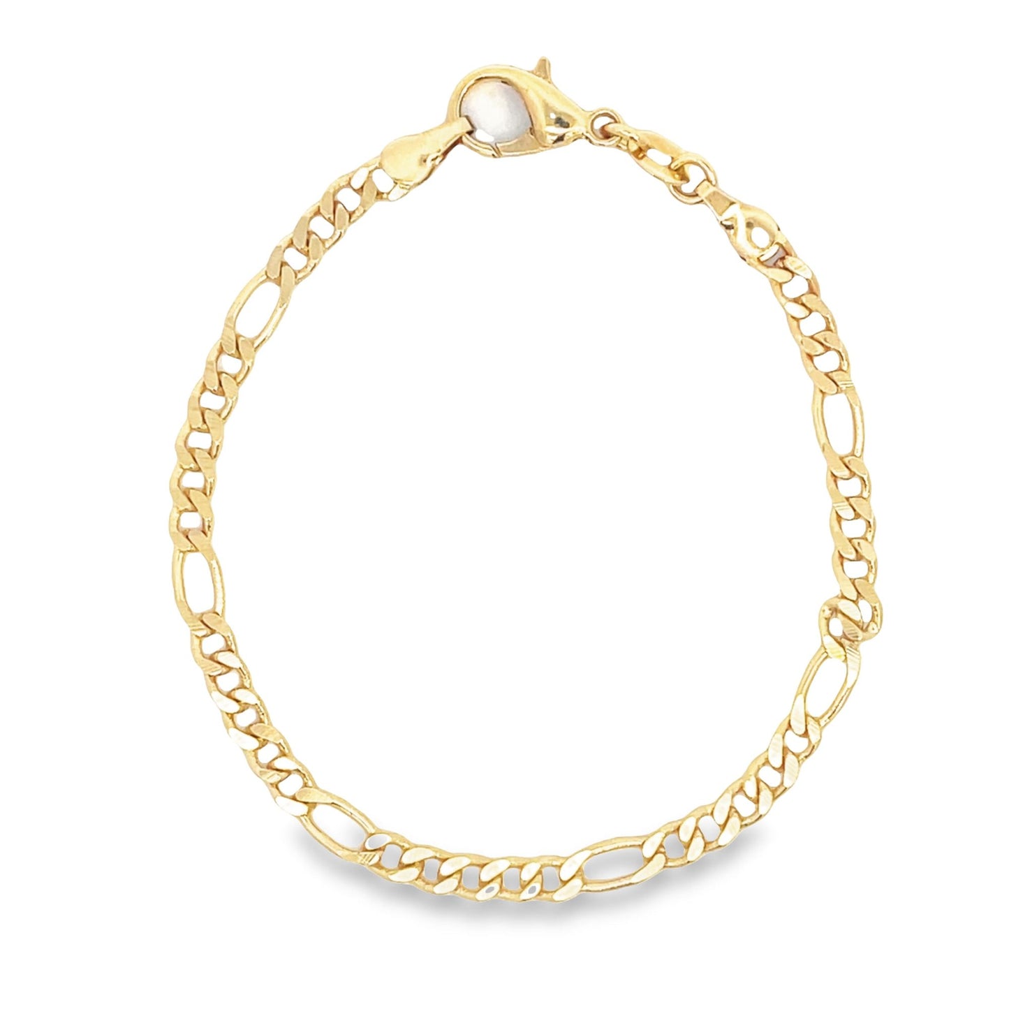 A polished gold Figaro chain bracelet lies arranged in a circle against a white background, featuring a secure lobster clasp.