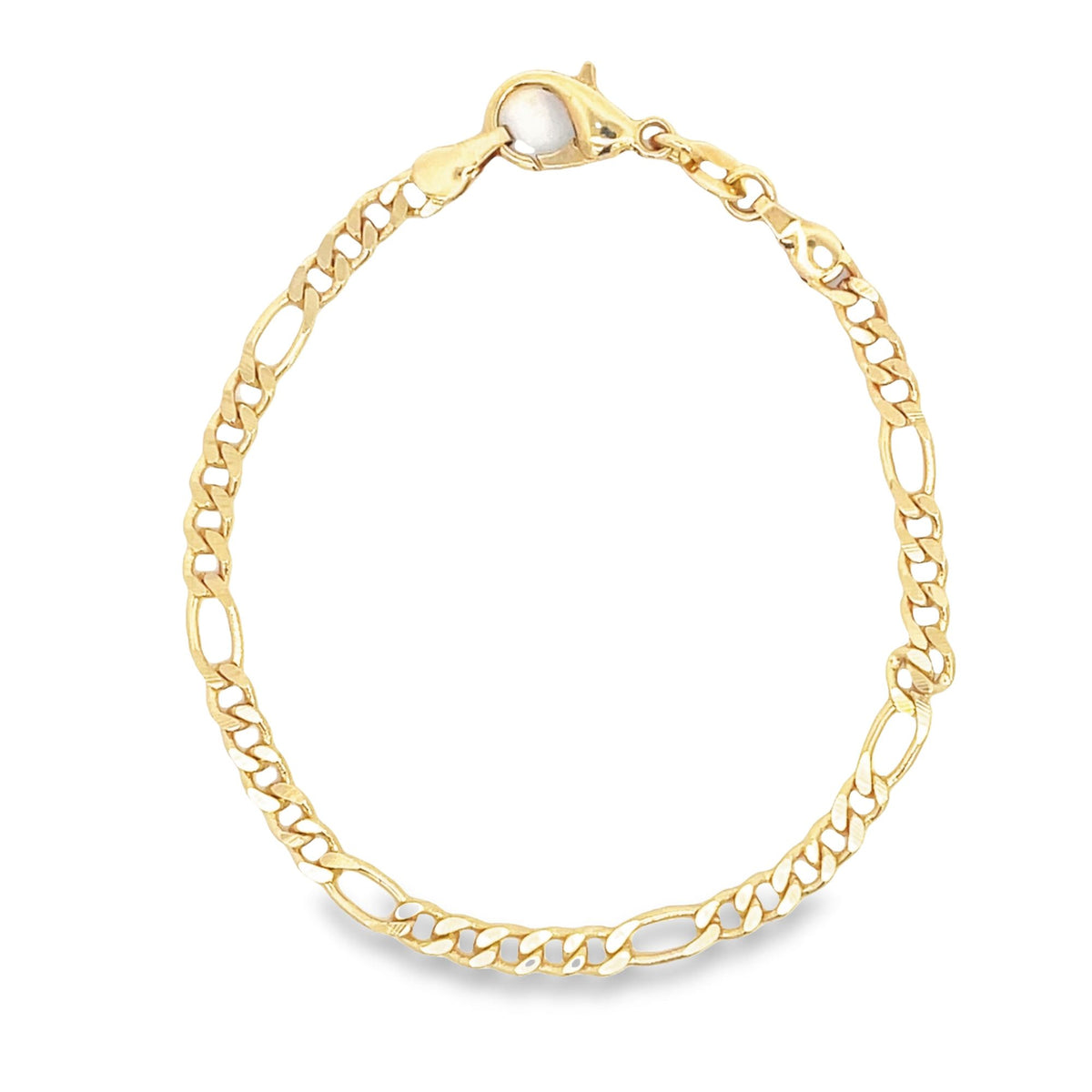 A polished gold Figaro chain bracelet lies arranged in a circle against a white background, featuring a secure lobster clasp.