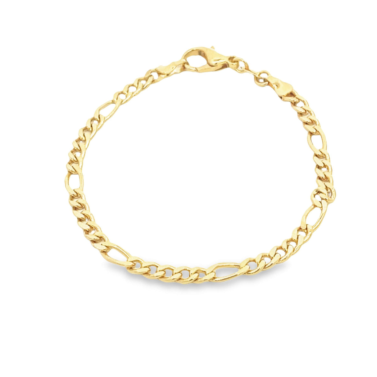 A polished gold Figaro chain bracelet rests in a curved shape against a white background.