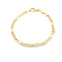 A polished gold Figaro chain bracelet rests in a curved shape against a white background.