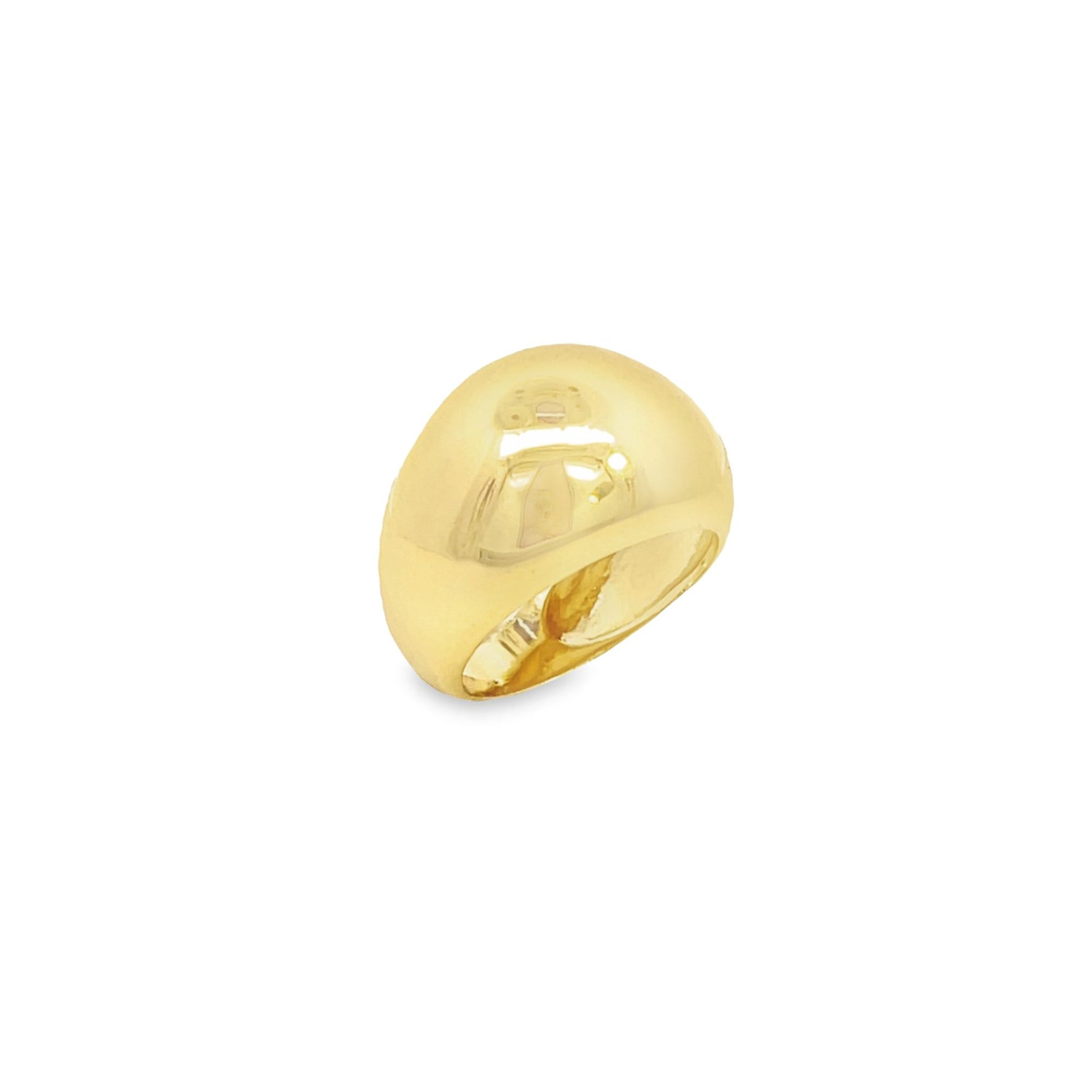 A polished yellow gold dome ring rests on a clean white background.