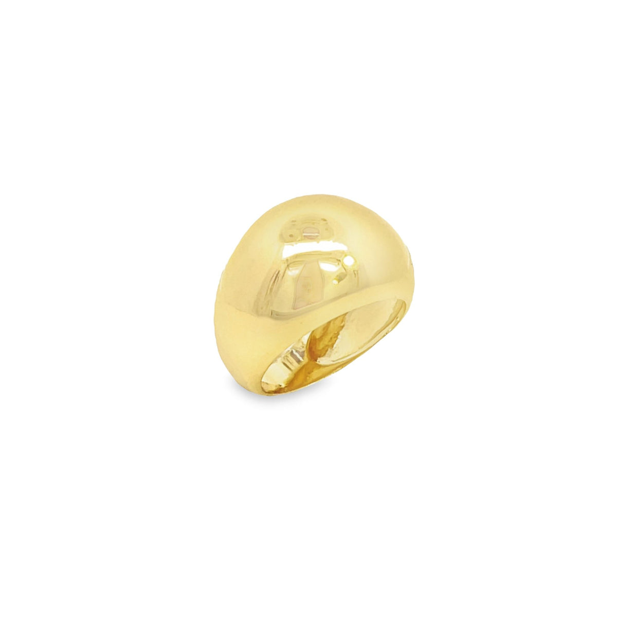 A polished yellow gold dome ring rests on a clean white background.