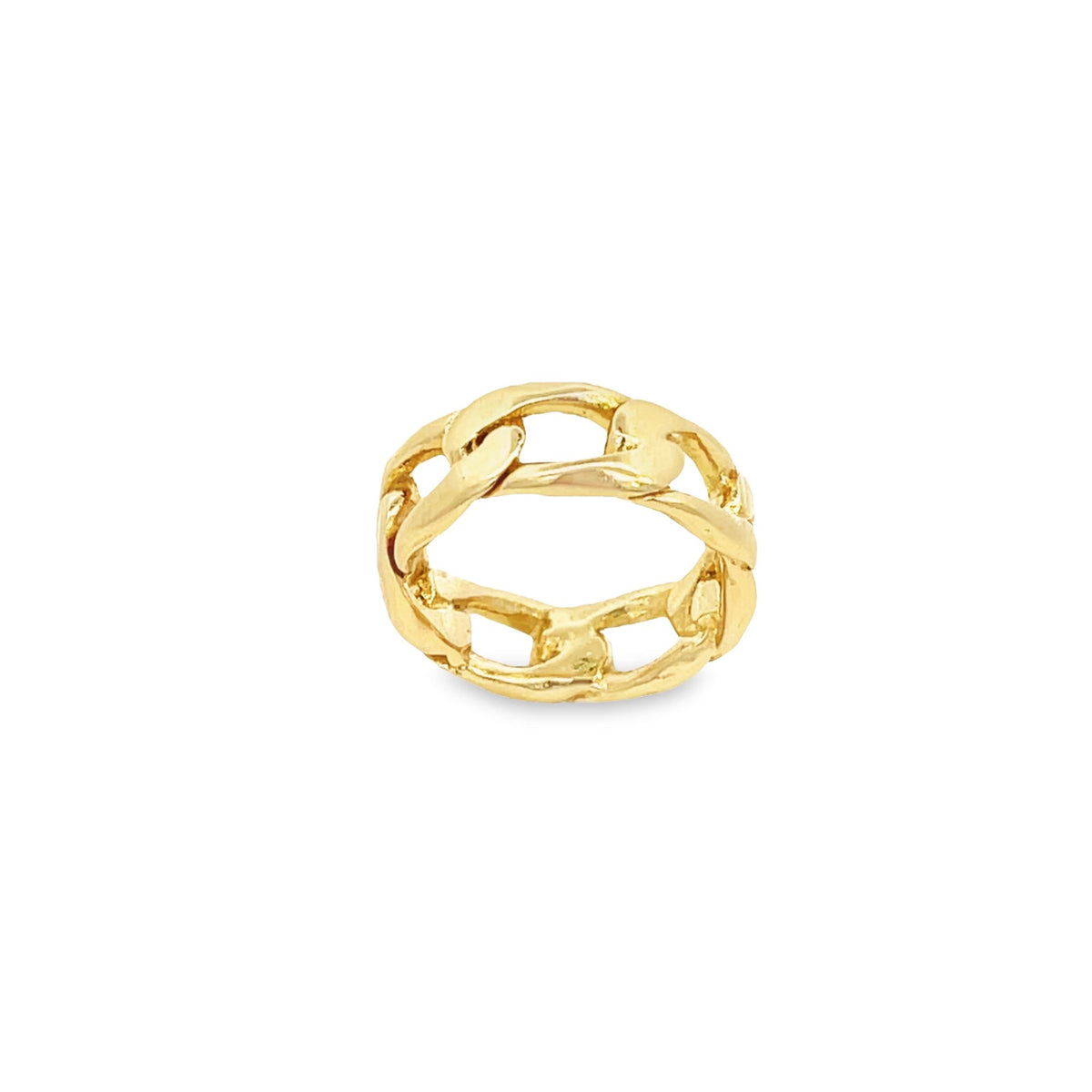 A polished yellow gold curb chain ring rests isolated against a white background.