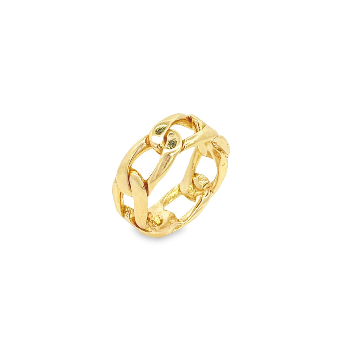 A gold chain-link ring rests against a clean white background, showcasing its intricate openwork design.