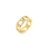 A gold chain-link ring rests against a clean white background, showcasing its intricate openwork design.