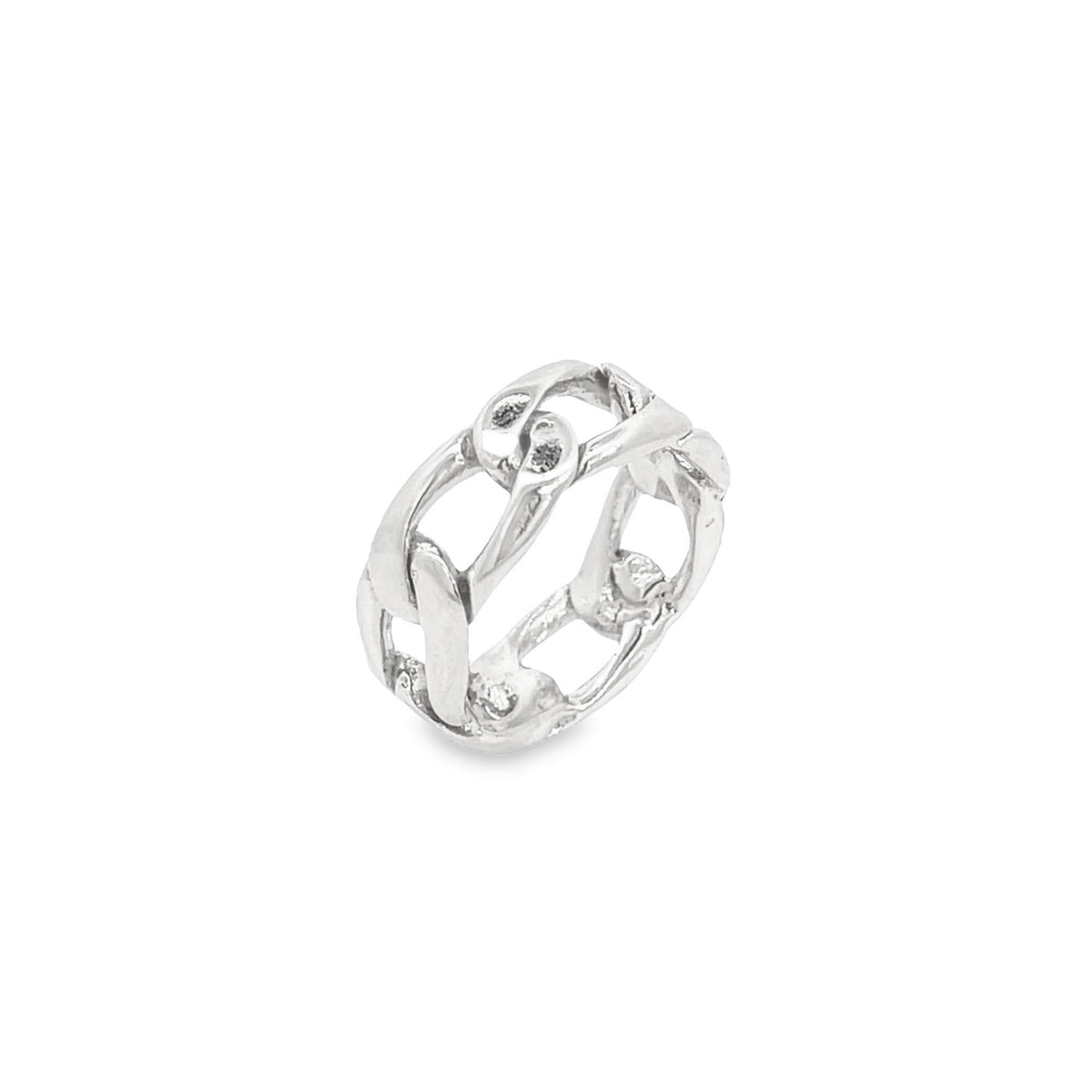 A stylish silver chain link ring rests against a plain white background.