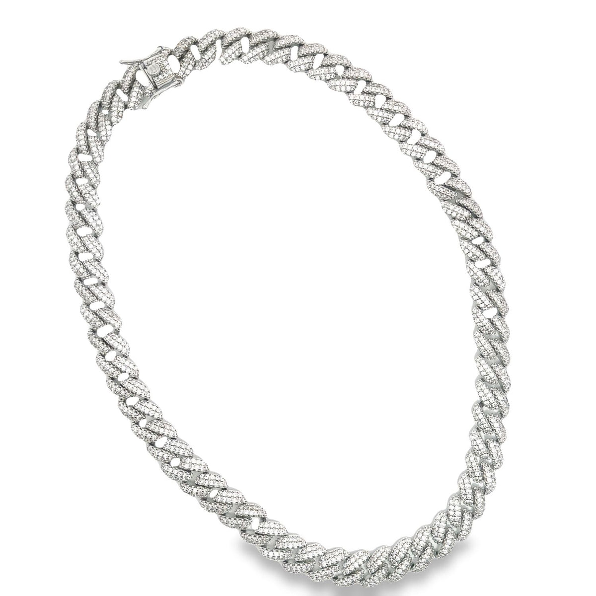 A sparkling diamond-paved cuban link chain necklace rests gracefully against a clean white background.