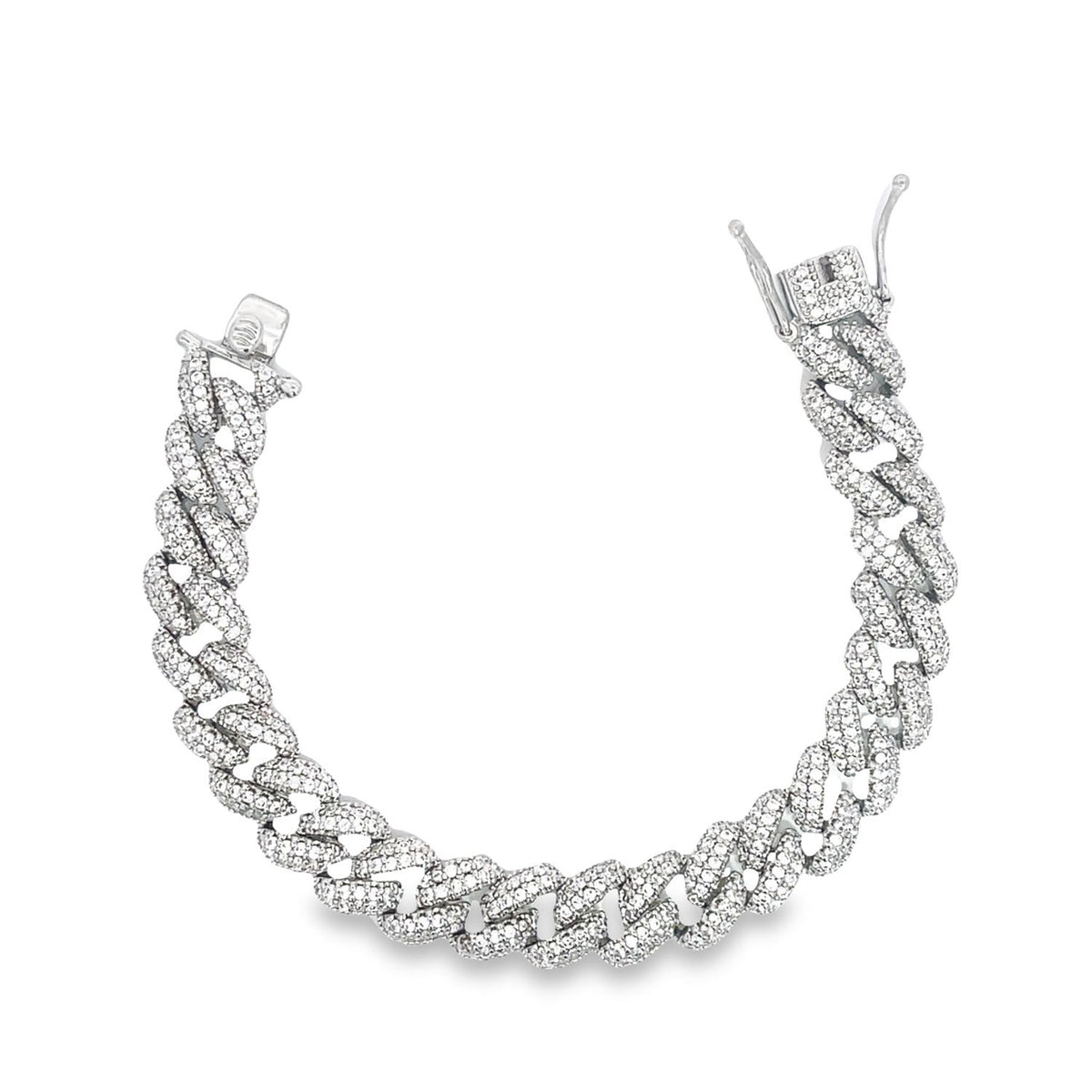A sparkling iced-out cuban link chain bracelet rests against a clean white background.