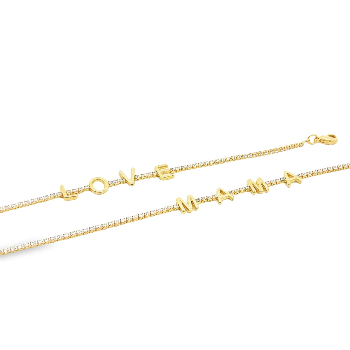 Two gold tennis bracelets studded with diamonds spell out the words "LOVE" and "MAMA" with letter charms.
