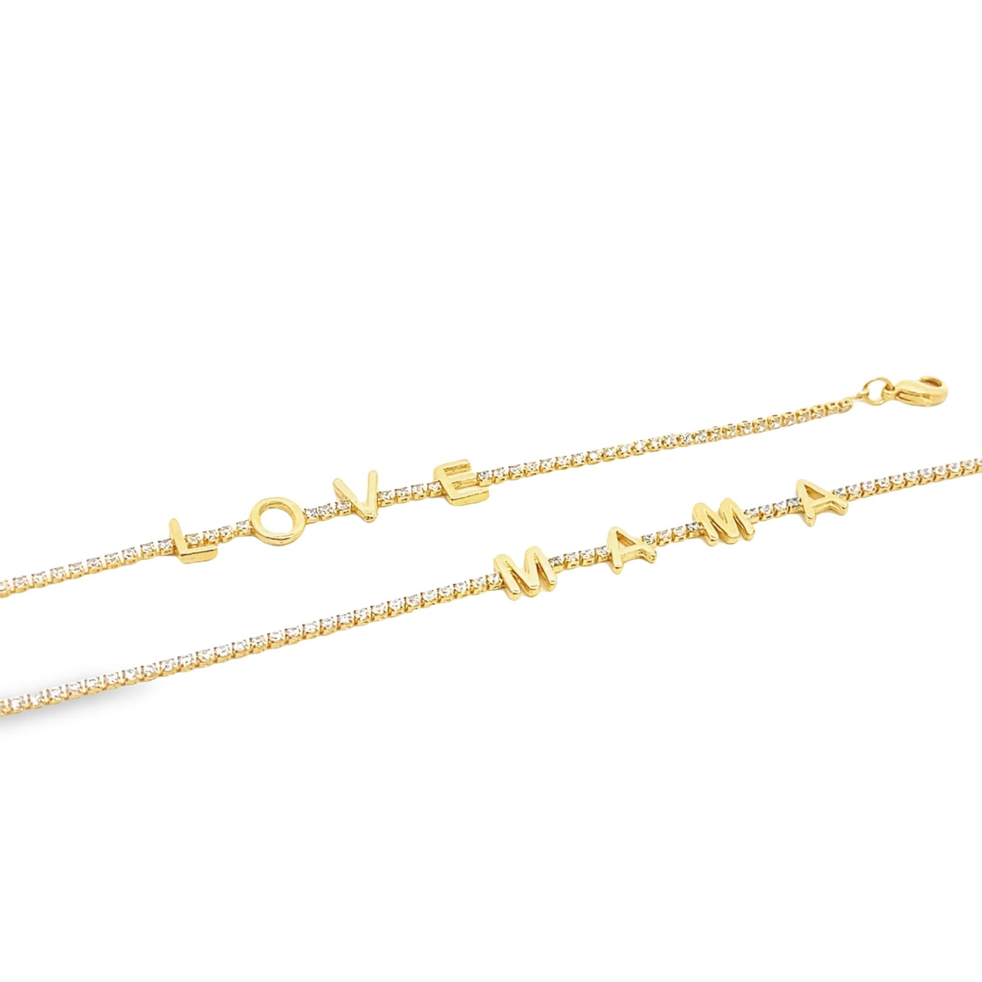 Two gold tennis bracelets studded with diamonds spell out the words "LOVE" and "MAMA" with letter charms.