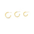 Three polished gold hoop earrings in graduated sizes display their posts against a clean white background.