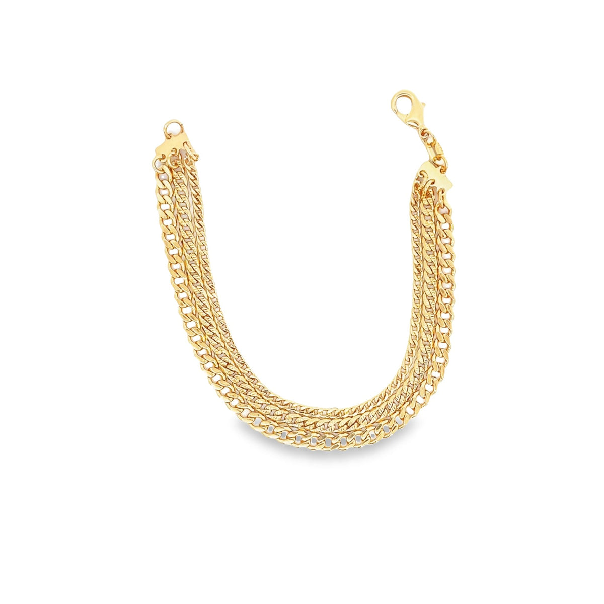 A multi-strand gold chain bracelet displays a curved, layered design with a secure lobster clasp against a white background.