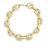 A luxurious gold link bracelet features interlocking patterned links encrusted with sparkling diamonds against a clean white background.