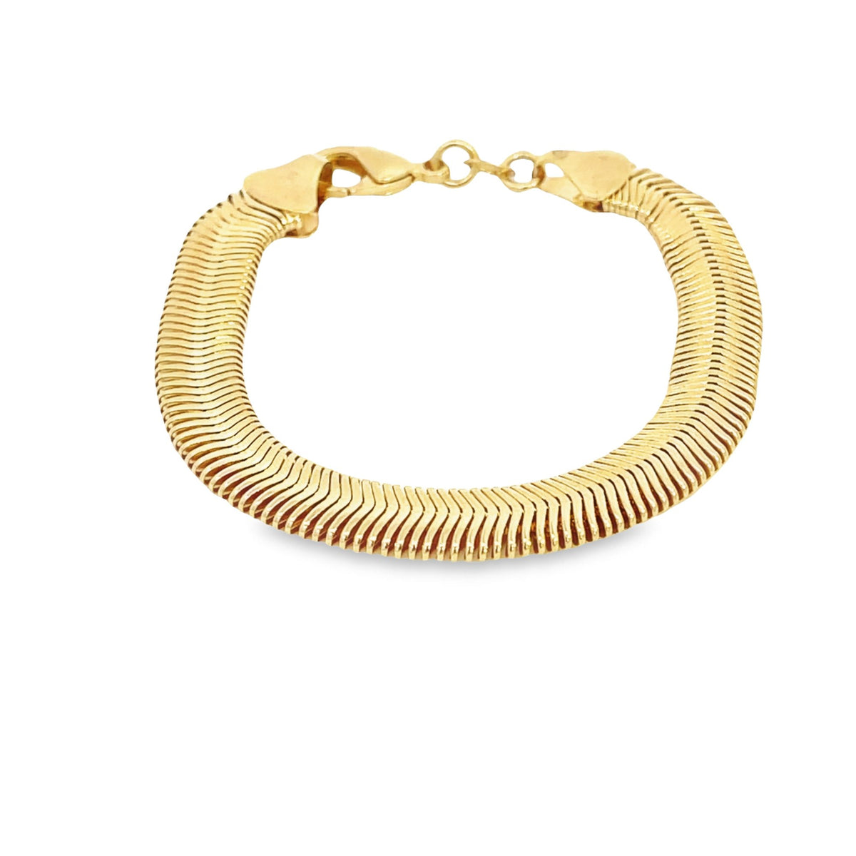 A polished yellow gold herringbone chain bracelet displays its flat, interlocking links and secure lobster clasp against a white background.