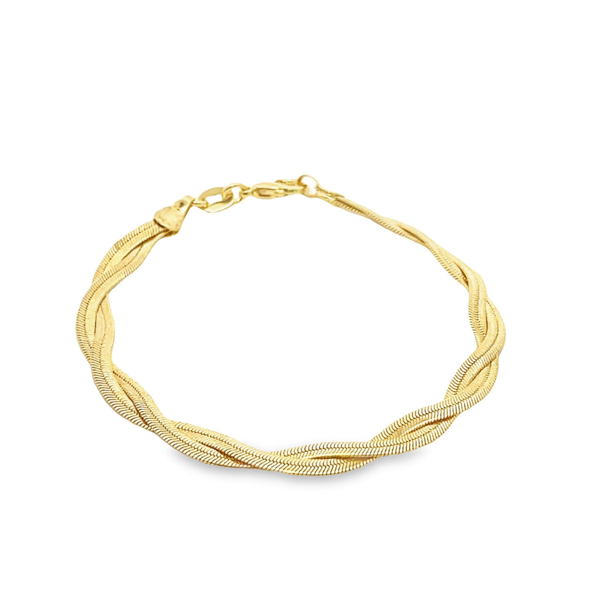 A gold multi-strand herringbone chain bracelet rests against a clean white background.