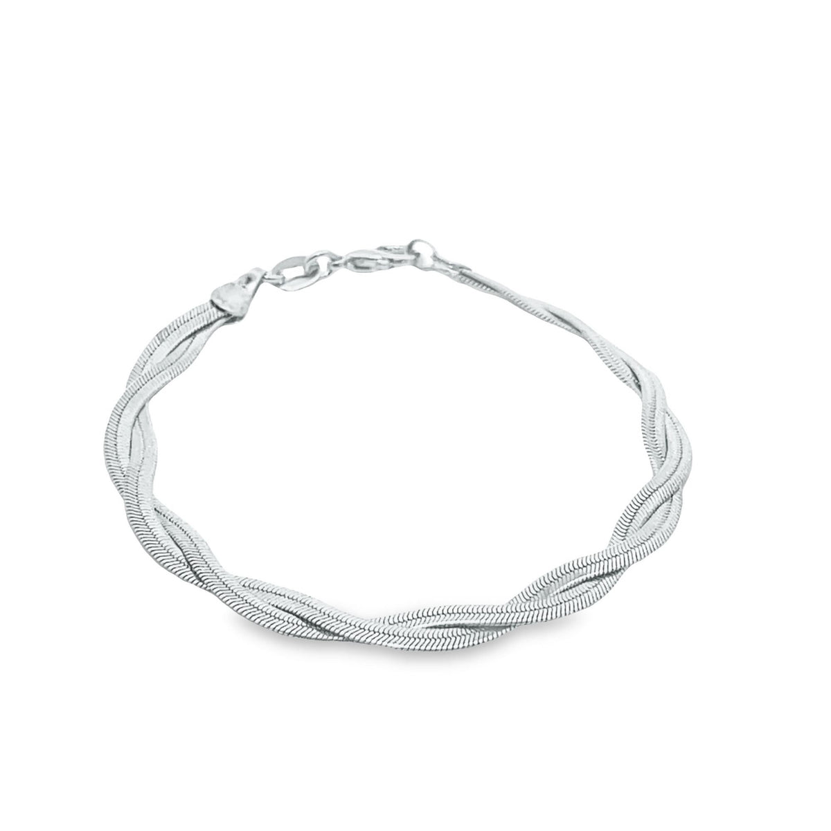 A delicate sterling silver multi-strand herringbone chain bracelet rests against a plain white background.