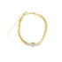 A gold herringbone chain bracelet features a sparkling crystal heart charm and an adjustable extension chain.