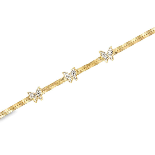 A delicate gold herringbone chain bracelet features three crystal-studded butterfly charms set against a clean white background.