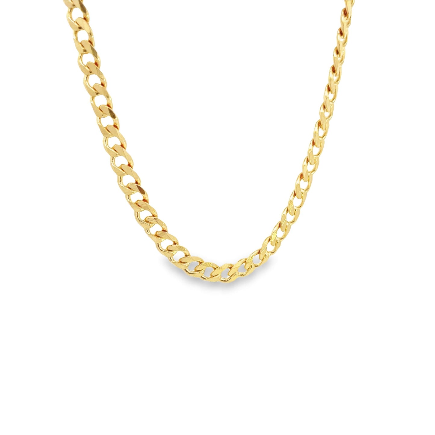 A gleaming gold Cuban link chain hangs against a clean white background.