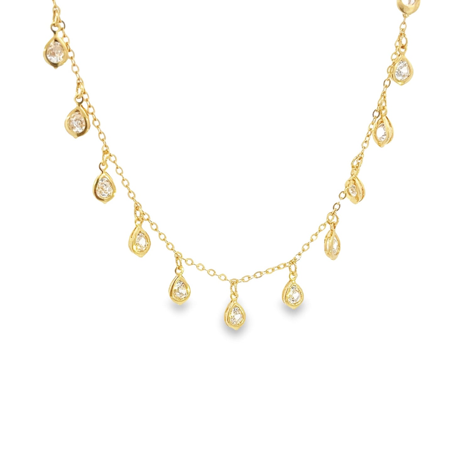 A delicate gold chain necklace sparkles with multiple dangling teardrop-shaped diamond charms against a clean white background.