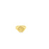 A gleaming gold signet ring features a cheerful smiley face engraved on its top surface against a clean white background.
