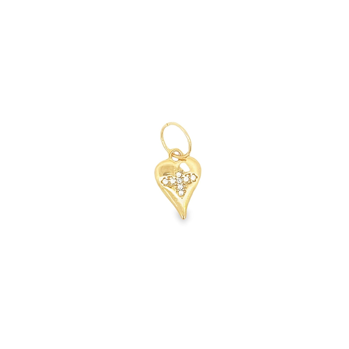 A delicate gold heart pendant features a sparkly diamond-studded cross in the center.