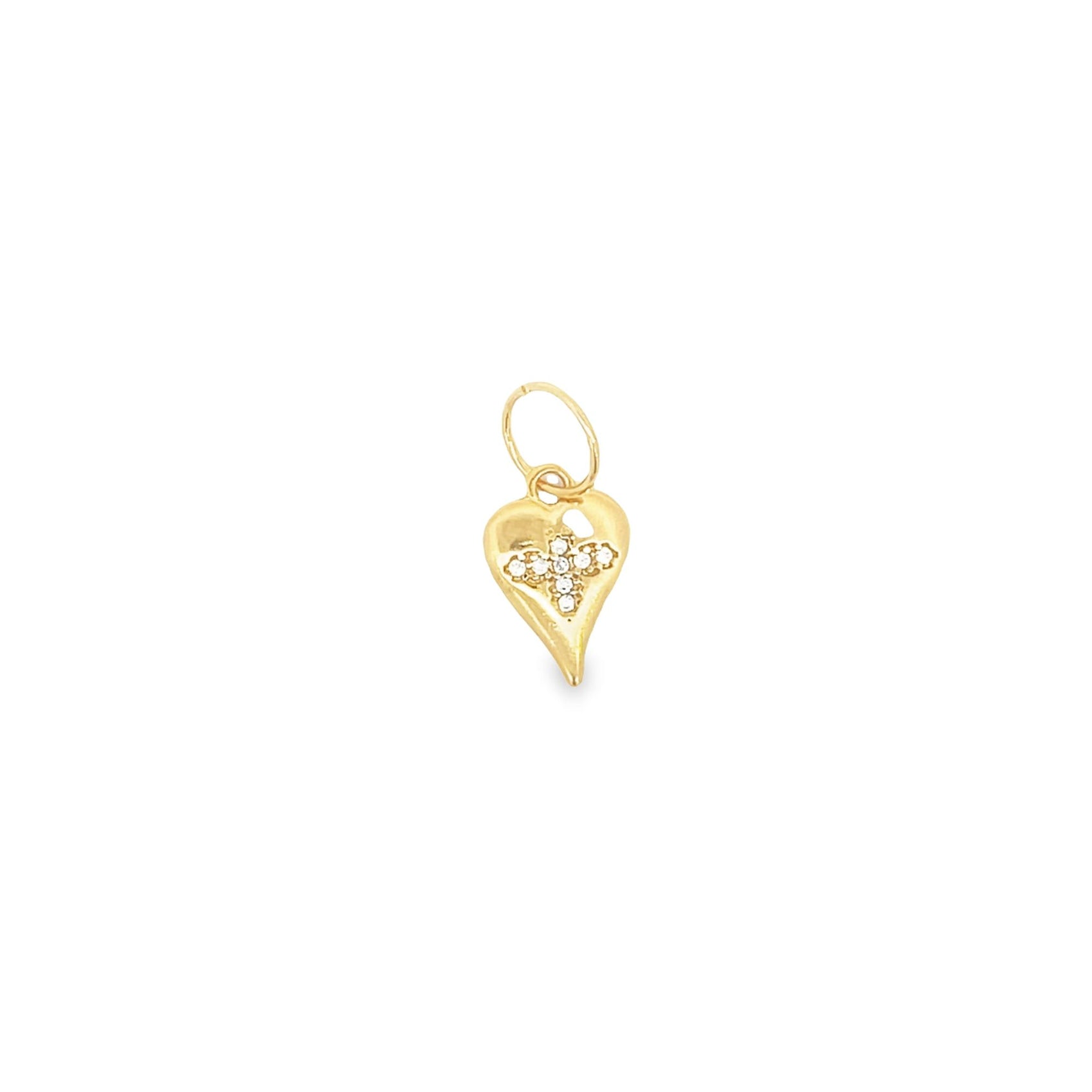 A delicate gold heart pendant features a sparkly diamond-studded cross in the center.