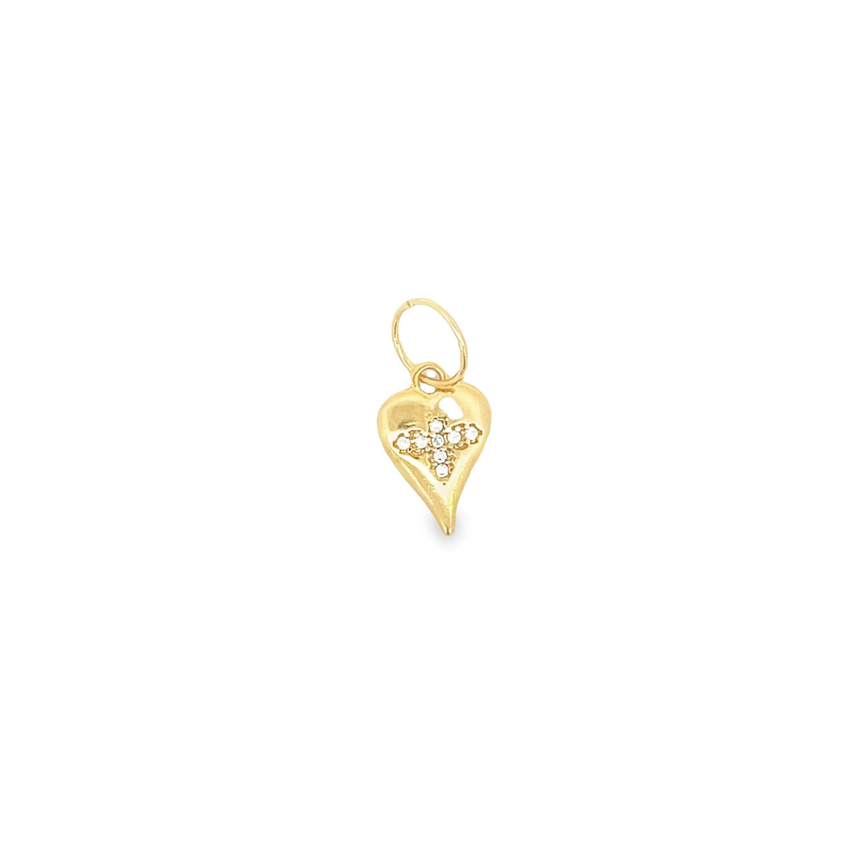 A delicate gold heart pendant features a sparkly diamond-studded cross in the center.
