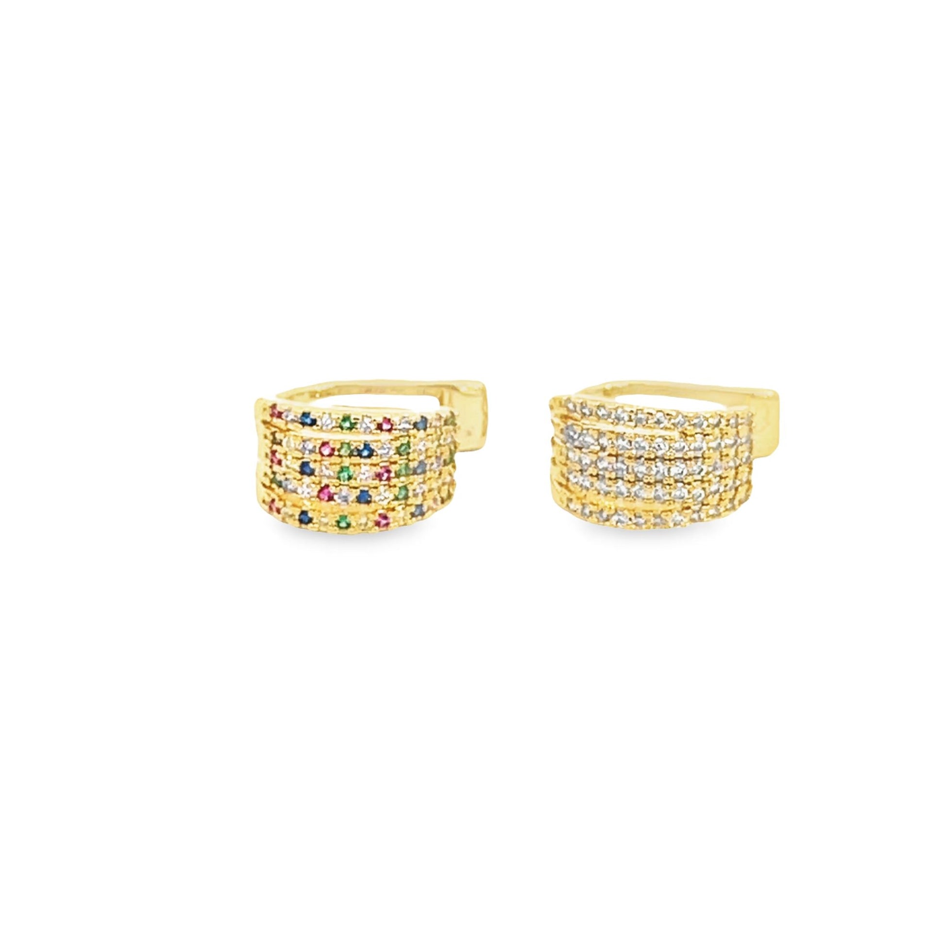 A pair of gold huggie hoop earrings features rows of sparkling multicolored and white pavé cubic zirconia stones.