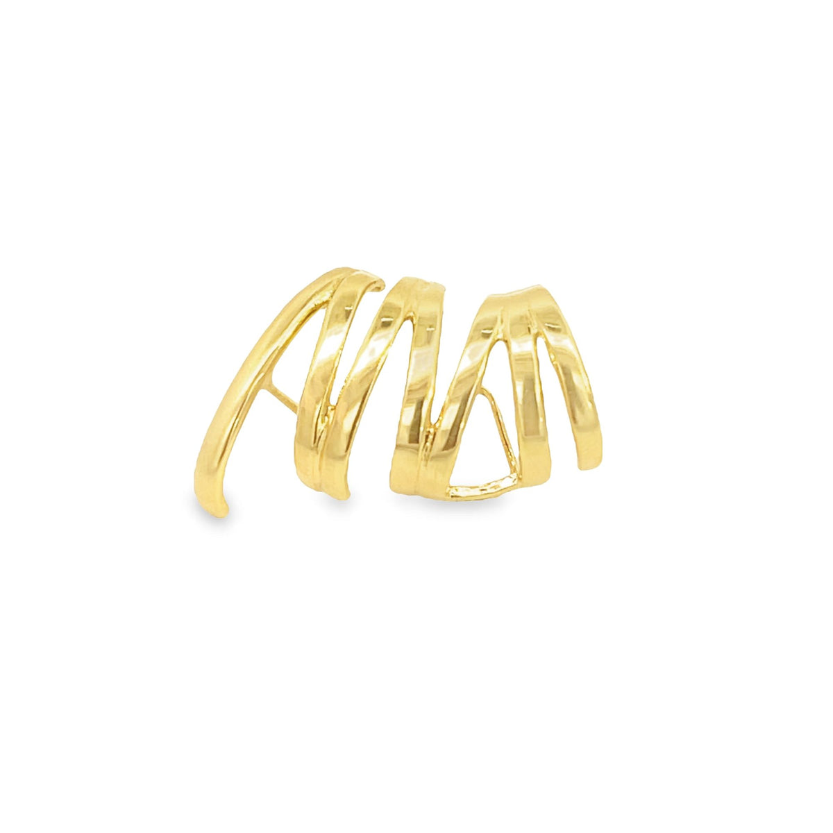 A stylish gold ear cuff features a multi-strand twisted design against a clean white background.