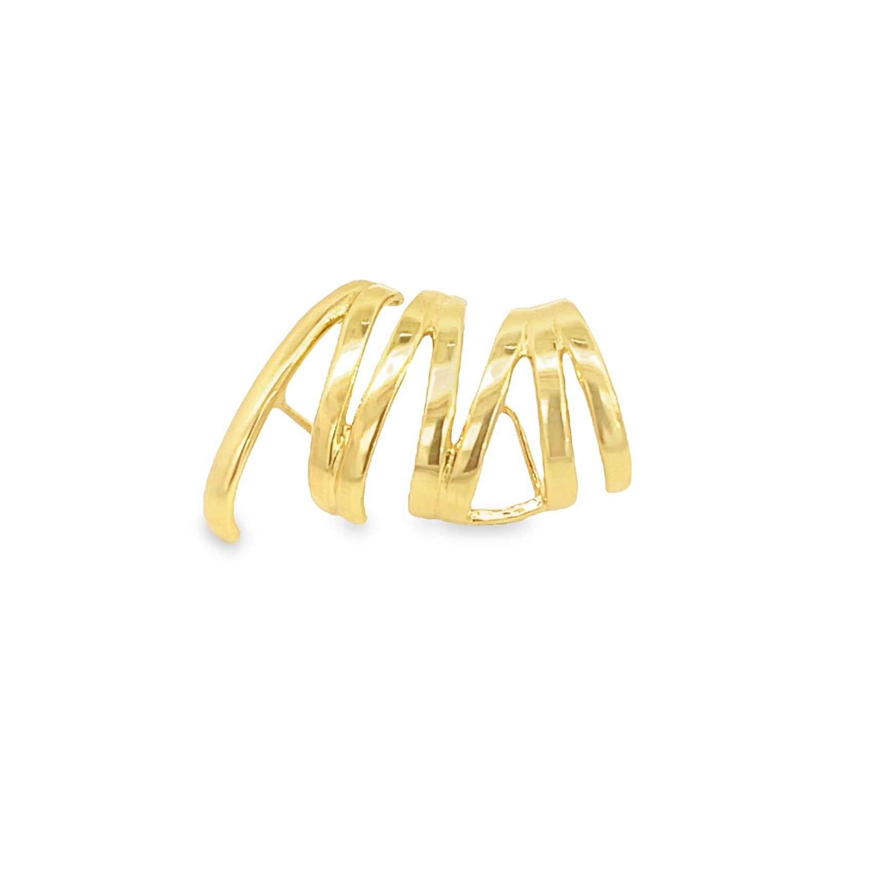 A stylish gold ear cuff features a multi-strand twisted design against a clean white background.