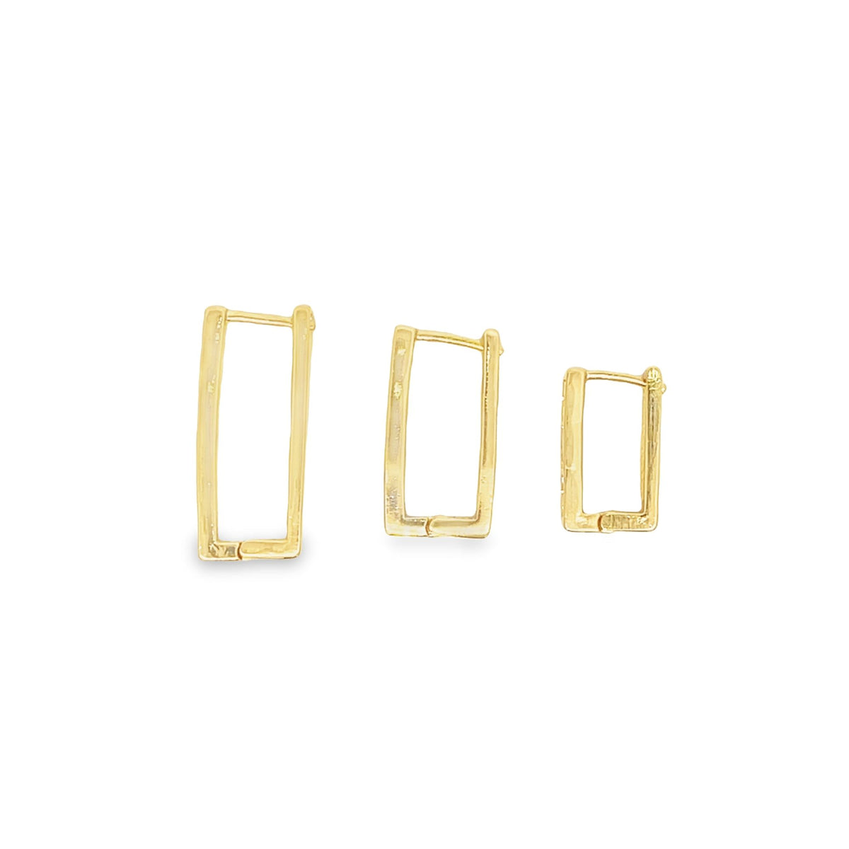 Three minimalist gold rectangle huggie earrings are displayed in decreasing sizes against a plain white background.