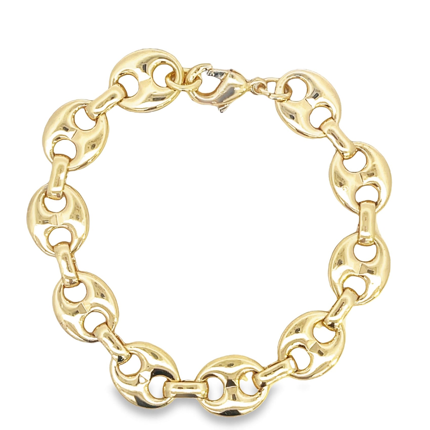 A polished gold puff mariner link bracelet displays its interlocking anchor links arranged in a circular shape against a plain white background.
