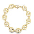 A thick gold anchor chain bracelet curves gracefully against a plain white background, highlighting its polished, interlocking links.