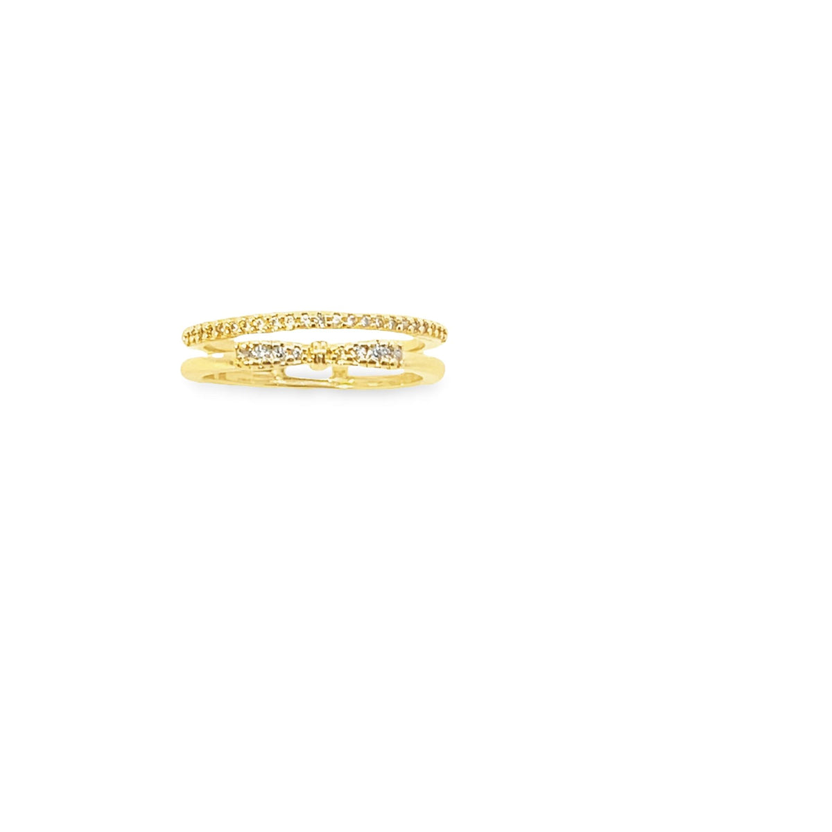 A gold double band ring features a sparkling bow detail embellished with tiny cubic zirconia stones.