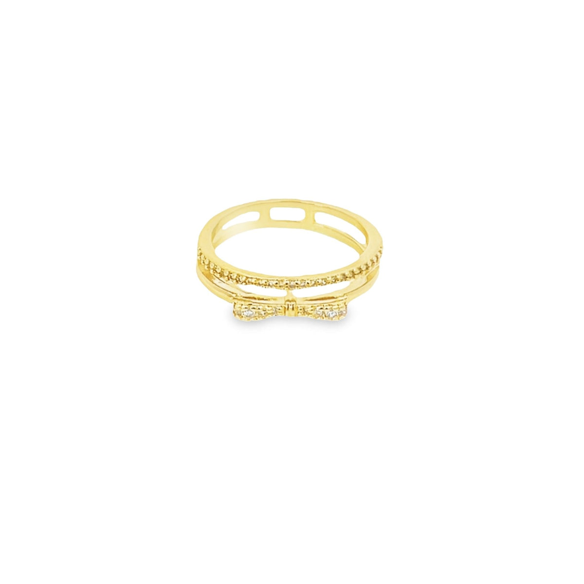 A delicate gold double-band ring features a sparkling bow detail accented with tiny crystals against a plain white background.
