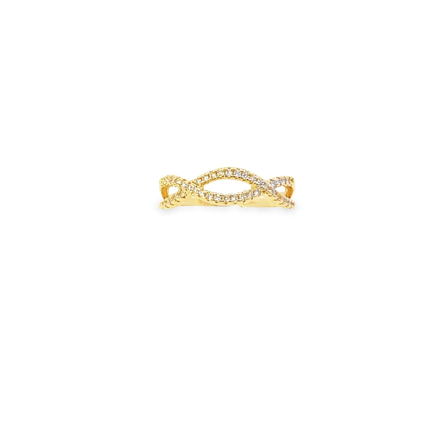 A delicate gold band ring features an intertwined infinity design sparkling with tiny pave-set diamonds.