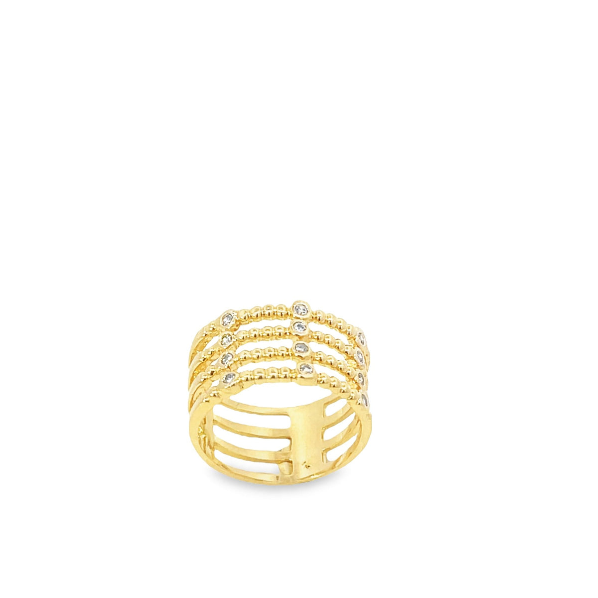 A gold multi-band ring features textured beading and sparkling diamond accents against a plain white background.