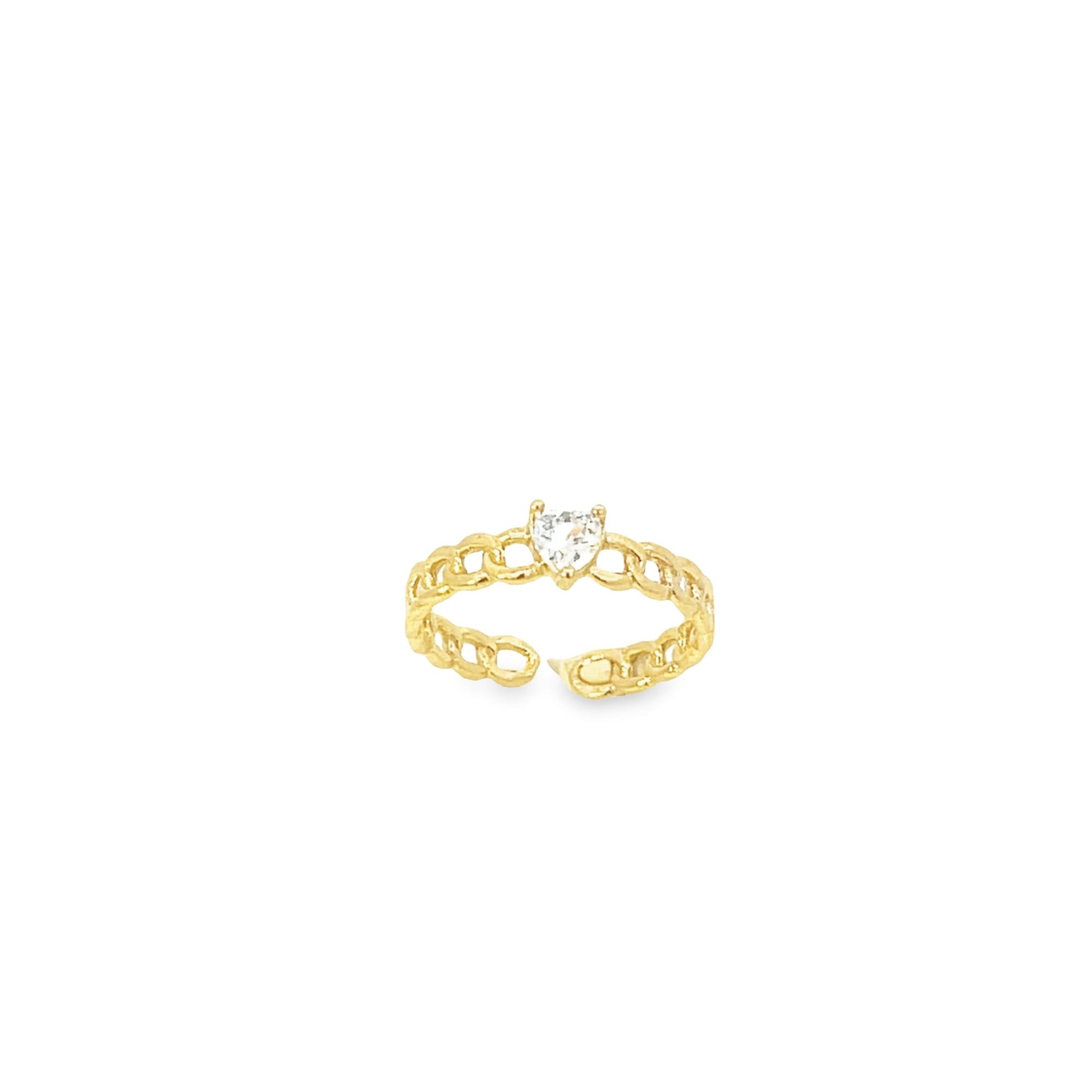 A gold chain-link toe ring features a sparkling heart-shaped cubic zirconia stone at the center.