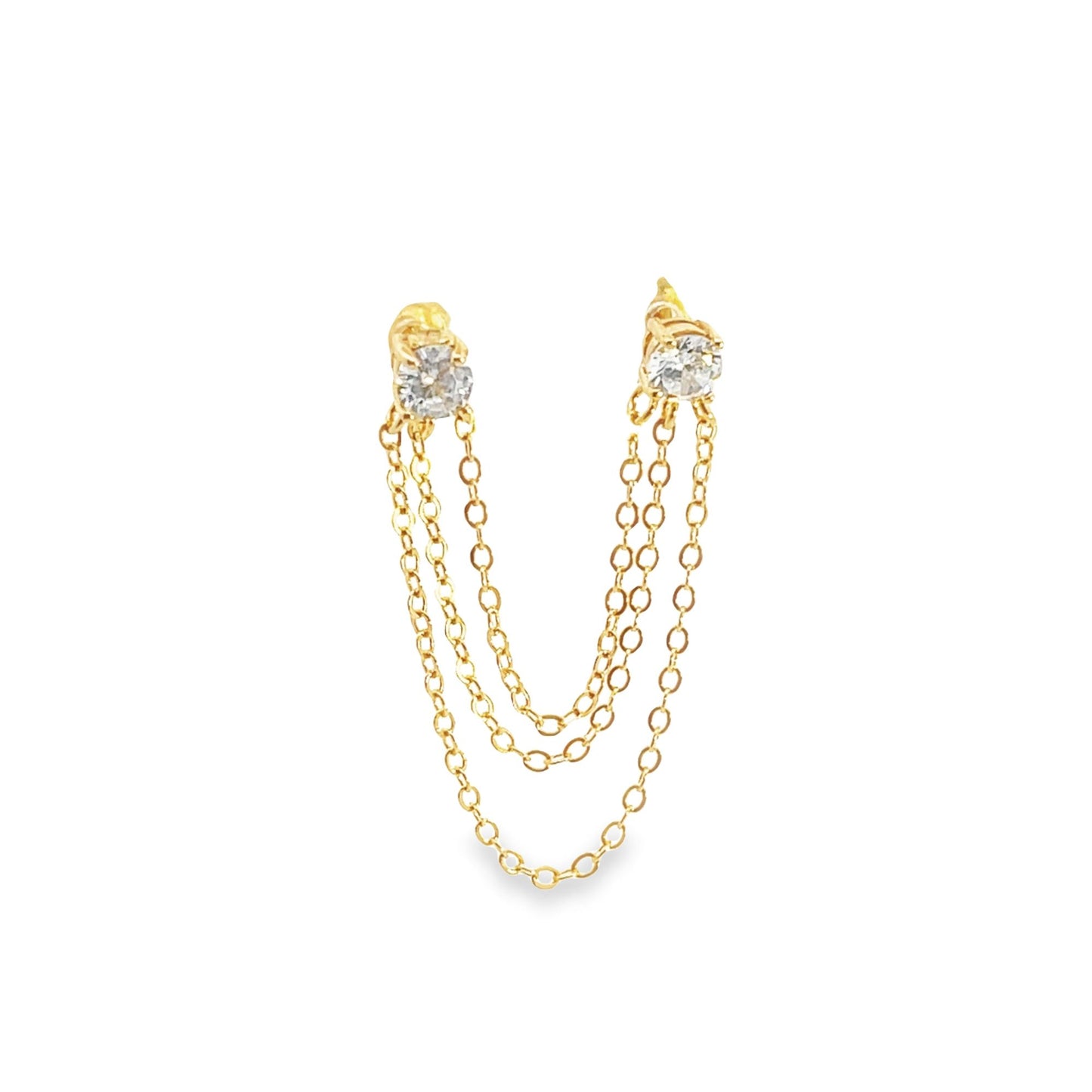 A delicate gold double-stud earring features three dangling chains adorned with sparkling cubic zirconia stones.