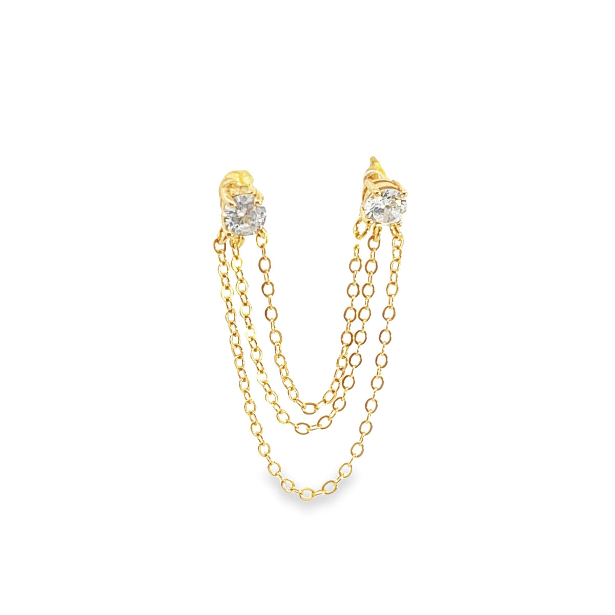 A delicate gold double-stud earring features three dangling chains adorned with sparkling cubic zirconia stones.